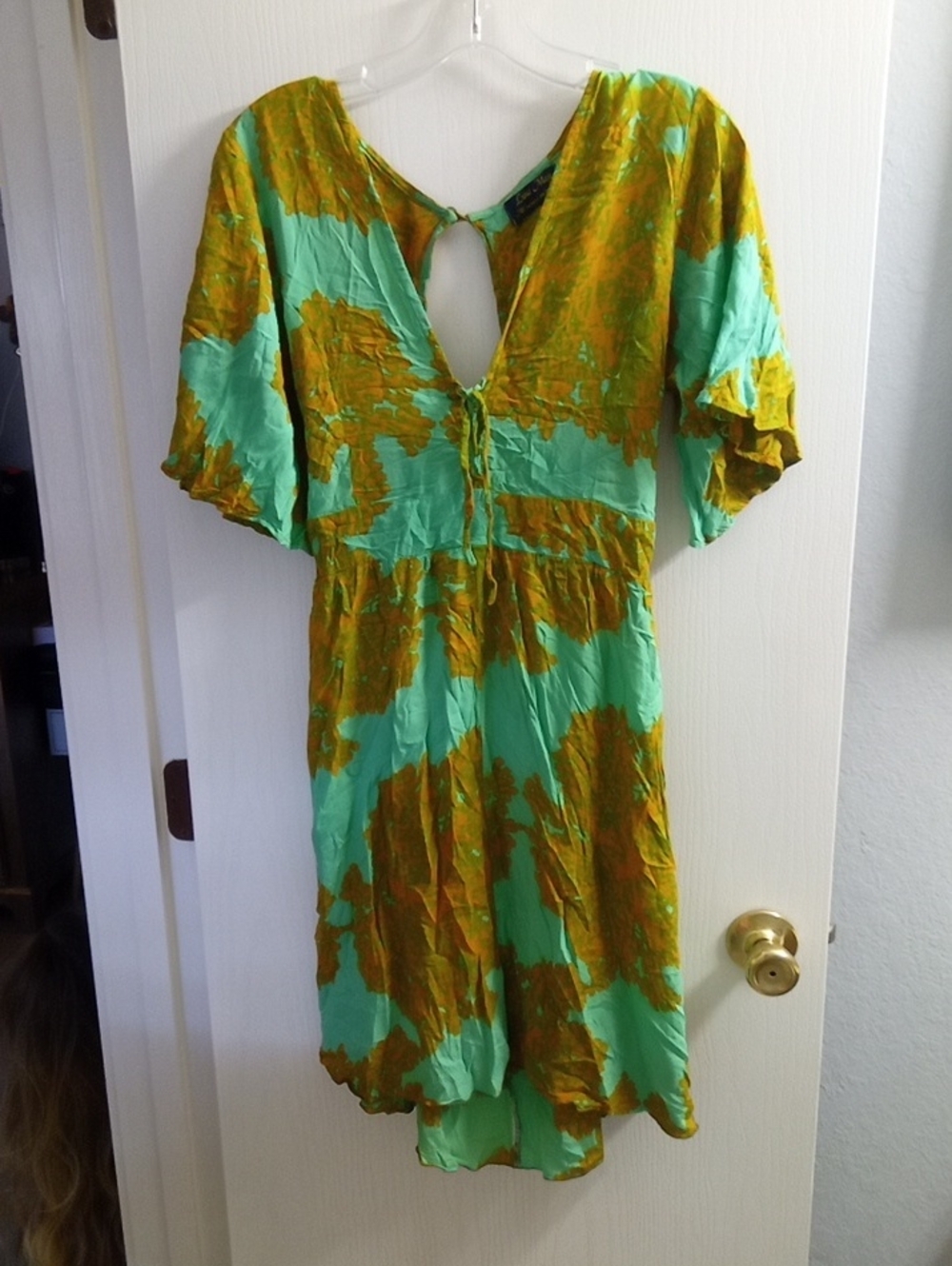 Tie-Front Mini Dress in Mint Green and Mustard